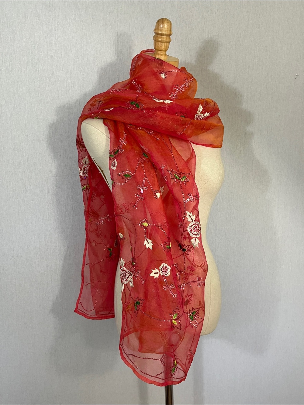 Red Sheer Chiffon Embroidered Floral Large Scarf Wrap